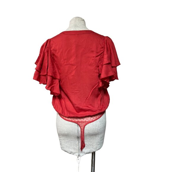 Intimately Free People Call Me Later Solid Bodysuit Top Red Ruffle Sleeve Small - Picture 4 of 10